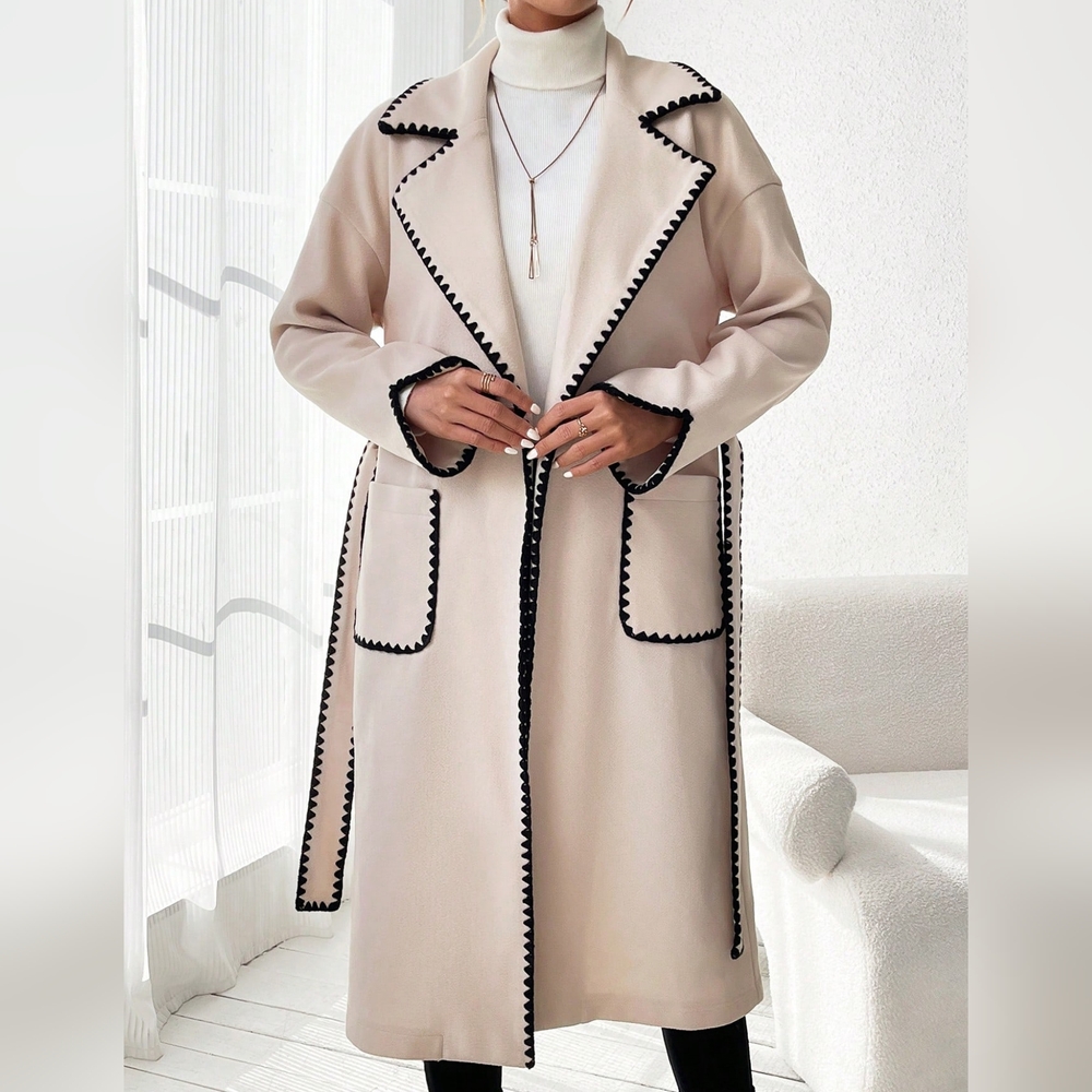 Colorblock Edging Belted Woolen Coat With Double Pockets - Picture 4 of 6